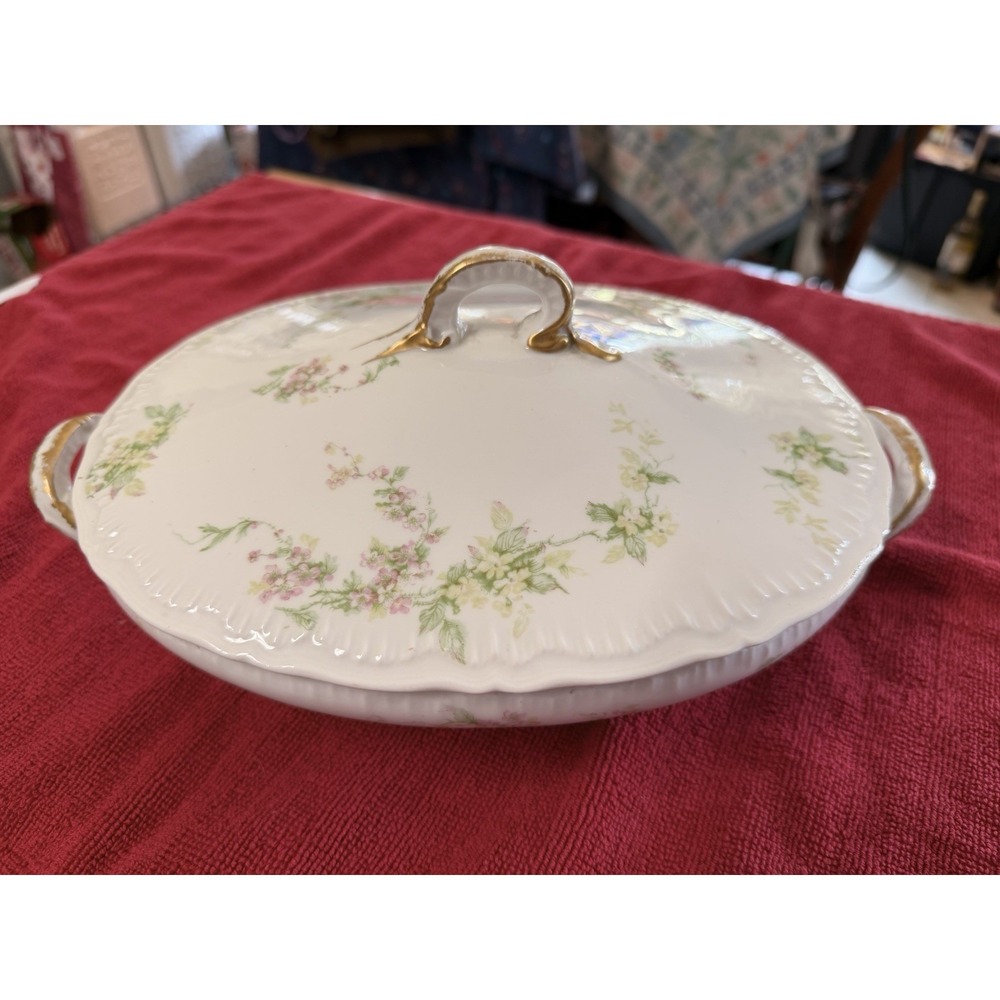 Antique Haviland Limoges Covered Serving Vegetable Dish Roses Gold Trim 11.5"